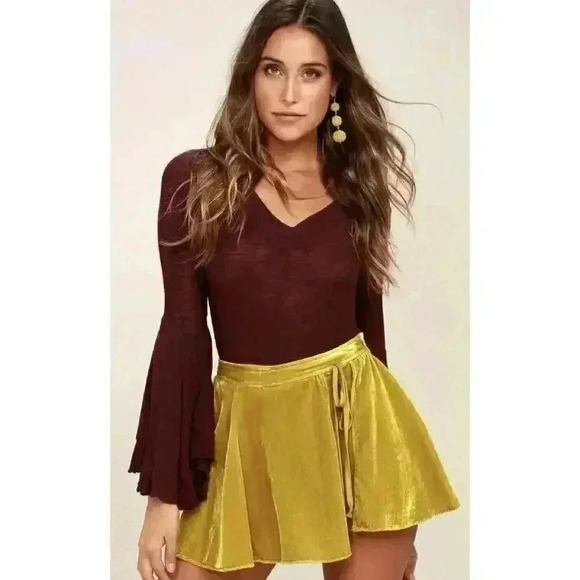 Free People Dresses & Skirts - Free People Golden Mustard Dance the Night Away Velvet Wrap Effect Skort Size 6